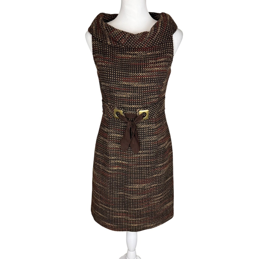 Maggy London Brown Tweed Cowl Neck Sleeveless Sheath Dress Wool Blend Size S